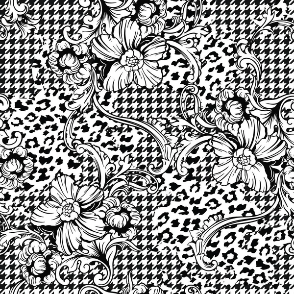 Eclectische stof naadloze patroon. Dier en geruite achtergrond met barok ornament. — Stockvector