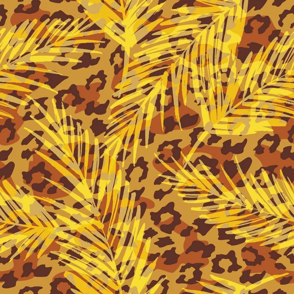 Sömlös exotiska mönster med palmblad och silhuetter av djur — Stock vektor