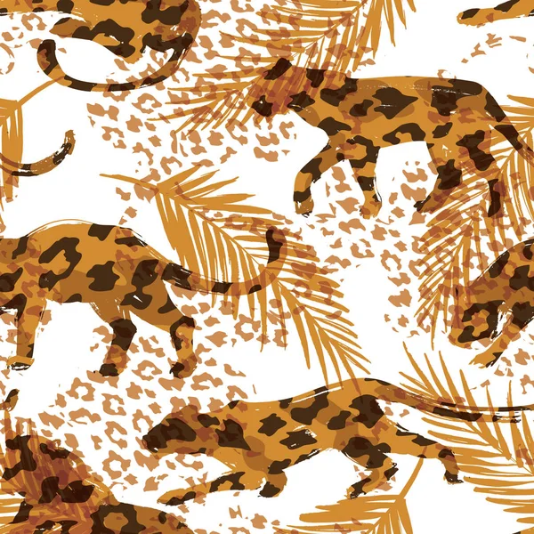 Απρόσκοπτη εξωτικά μοτίβο με φύλλα φοίνικα και σιλουέτες ζώων — Διανυσματικό Αρχείο