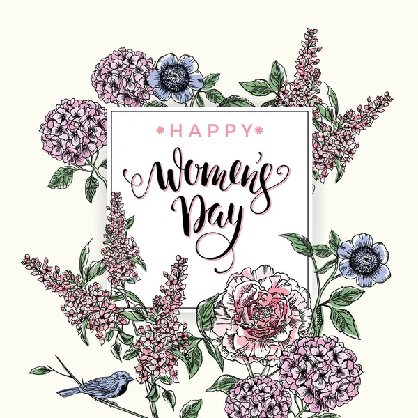 Dia Internacional da Mulher. Design de letras com flores — Vetor de Stock