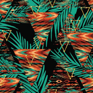 Geometrik öğeleri ve palmiye yaprakları ile kabile etnik seamless modeli.