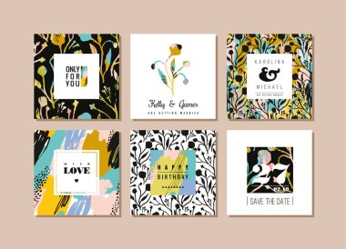 Soyut yaratıcı kartları kümesi. Elle çizilmiş sanat doku ve çiçek öğeleri.