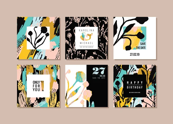 Set of abstract creative cards. Hand drawn art texture and floral elements. — Stock Vector