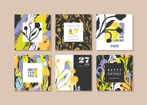 Set di carte creative astratte. Texture artistica disegnata a mano ed elementi floreali . — Vettoriale Stock