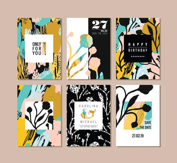 Conjunto de tarjetas creativas abstractas. Textura de arte dibujado a mano y elementos florales . — Vector de stock