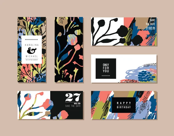 Conjunto de tarjetas creativas abstractas. Textura de arte dibujado a mano y elementos florales . — Vector de stock