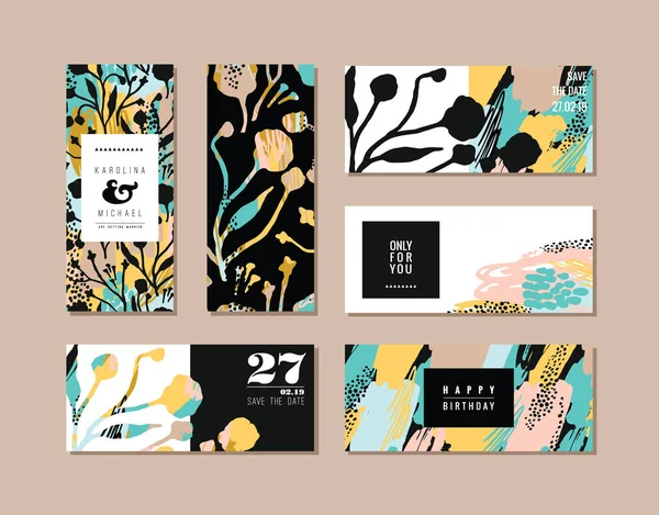Soyut yaratıcı kartları kümesi. Elle çizilmiş sanat doku ve çiçek öğeleri.