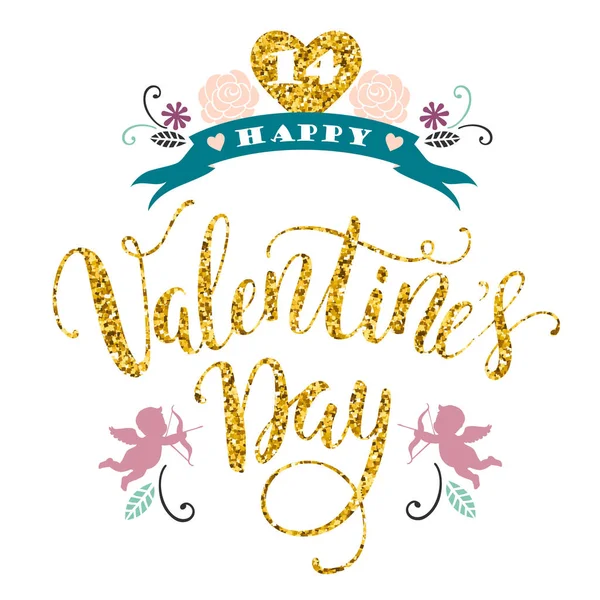 Happy Valentines Day. Hand drawn lettering design with glitter texture. — Stock Vector