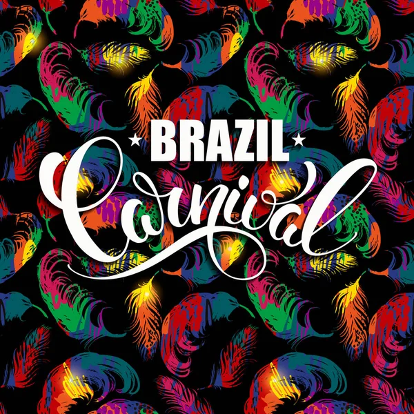 Brésil Carnaval lettrage design sur un fond lumineux avec des plumes abstraites . — Image vectorielle