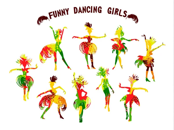 Vektorové ilustrace legrační tančící dívky v světlé karnevalové kostýmy s peřím. — Stockový vektor