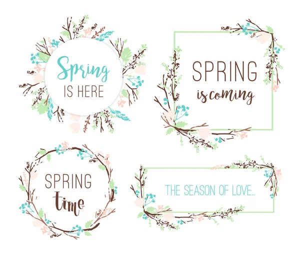 Zestaw wiosna klatek z gałęzi i liści. — Wektor stockowy
