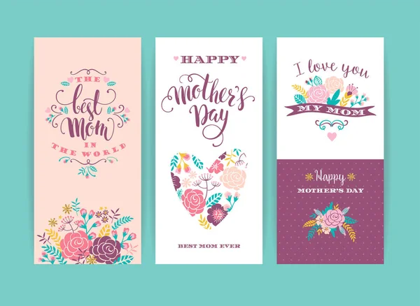 Zbiór szczęśliwy dzień matki napis kartki z kwiatami. — Wektor stockowy