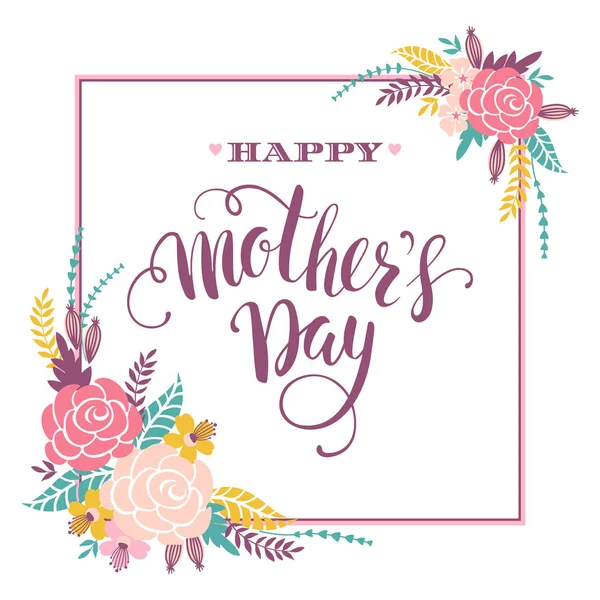 Szczęśliwy dzień matki napis kartkę z życzeniami z kwiatami. — Wektor stockowy