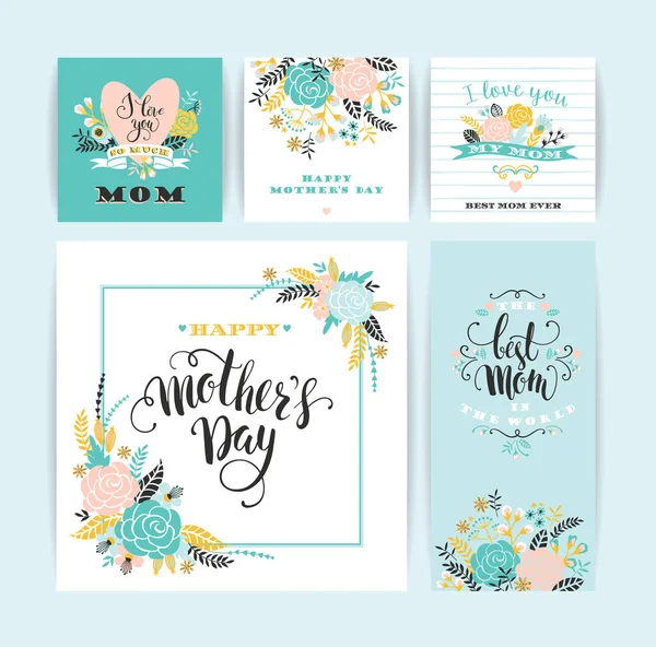 Zbiór szczęśliwy dzień matki napis kartki z kwiatami. — Wektor stockowy