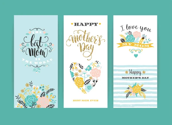 Ensemble de cartes de vœux de lettrage Happy Mothers Day avec des fleurs . — Image vectorielle
