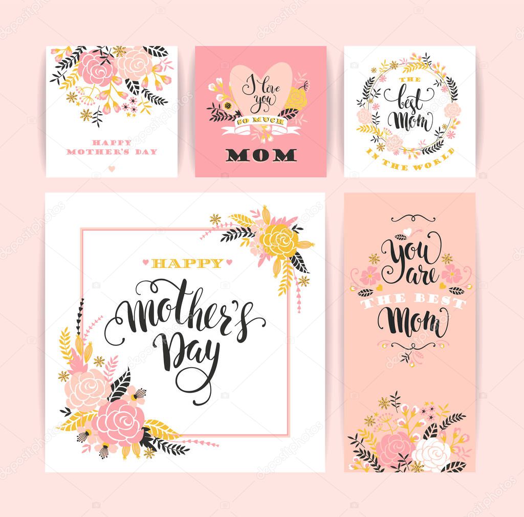 Set of Happy Mothers Day lettering greeting cards with Flowers.