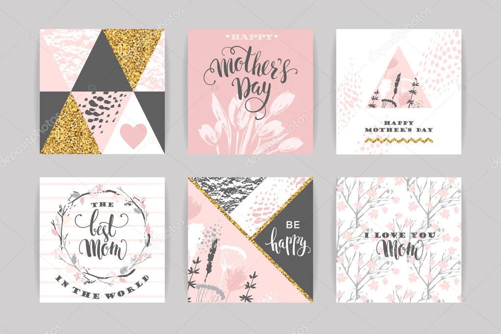 Set of Happy Mothers Day lettering greeting cards with Flowers.