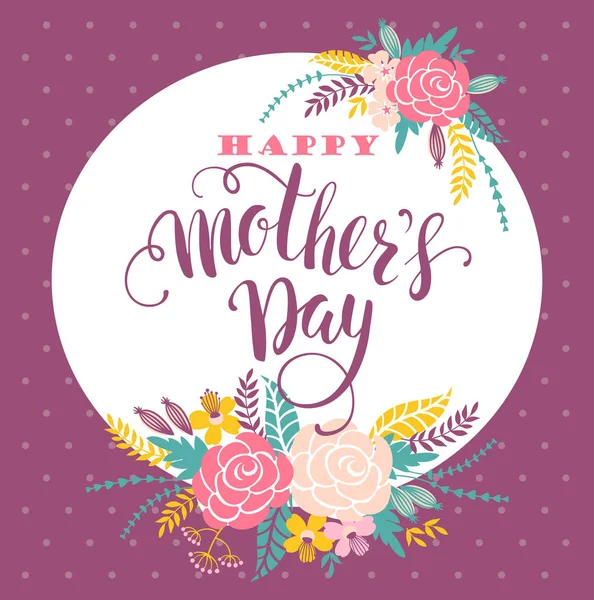 Tarjeta de felicitación con letras del Día de las Madres Feliz con Flores . — Vector de stock