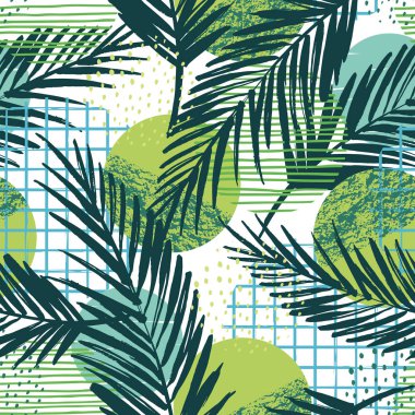 Palmiye ve geometrik öğelerle birlikte moda Dikişsiz egzotik desen.