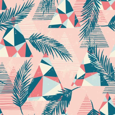 Palmiye ve geometrik öğelerle birlikte moda Dikişsiz egzotik desen.