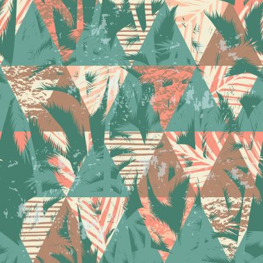 Palmiye ve geometrik öğelerle birlikte moda Dikişsiz egzotik desen.