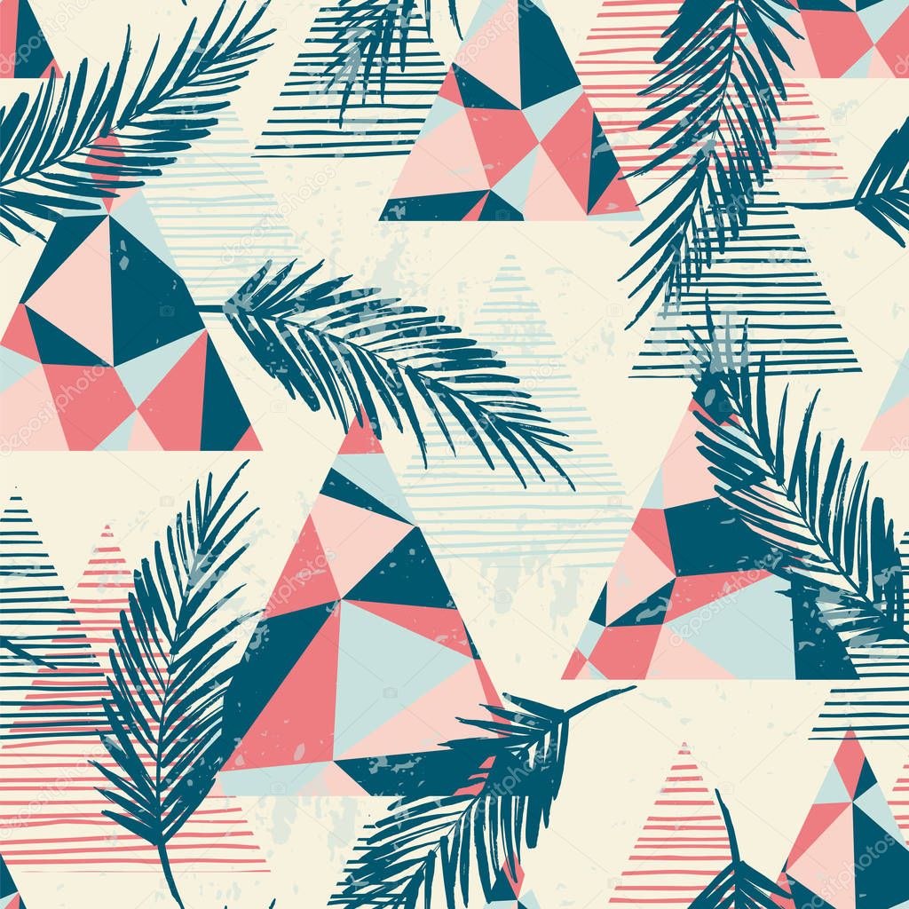 Trendy seamless exotic pattern with palm and geometric elements.