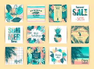 Yaz tropikal tasarım kümesi. Vektör şablonları.