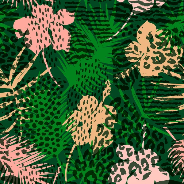 Sömlöst exotiskt mönster med tropiska växter. — Stock vektor