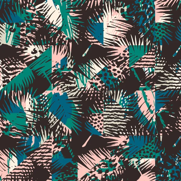 Trendiga sömlös exotiska mönster med palm, djur ut och hand dras texturer. — Stock vektor