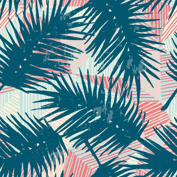 Seamless exotic pattern with tropical palm leaves on geometric background. — Stock Vector