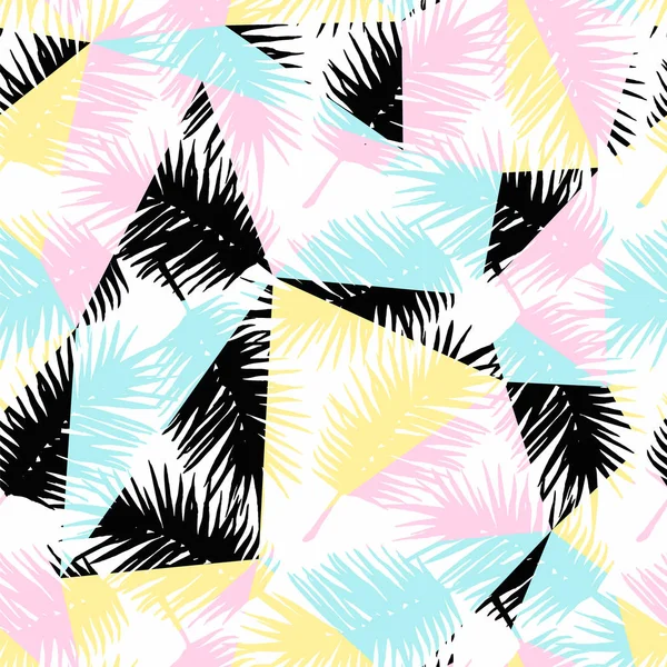 Modèle exotique sans couture avec des feuilles de palmier tropical sur fond géométrique . — Image vectorielle