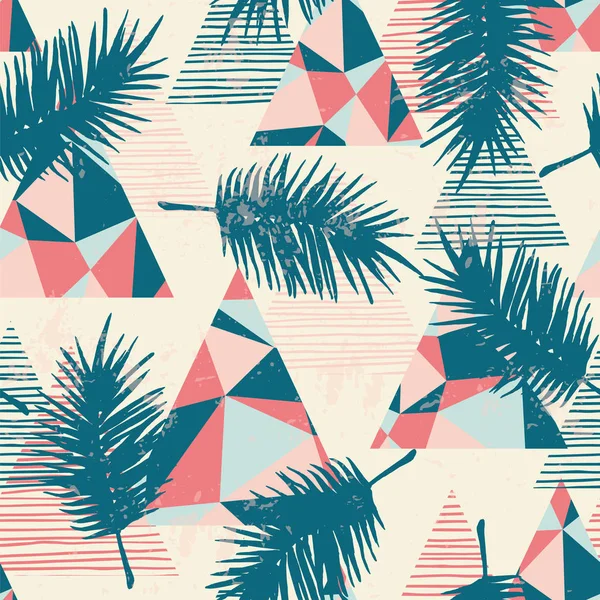 Бесшовный экзотический узор с тропическими пальмовыми листьями на геометрическом фоне . — стоковый вектор