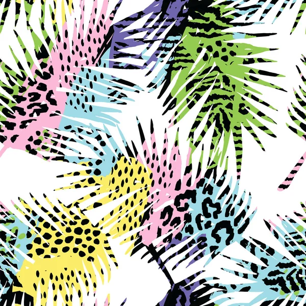 Trendy naadloze exotische patroon met palm, dier afdrukken en hand getekende texturen. — Stockvector