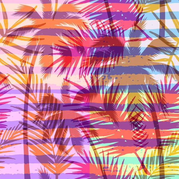 Бесшовный экзотический узор с тропической ладонью на геометрическом фоне в ярком цвете. — стоковый вектор