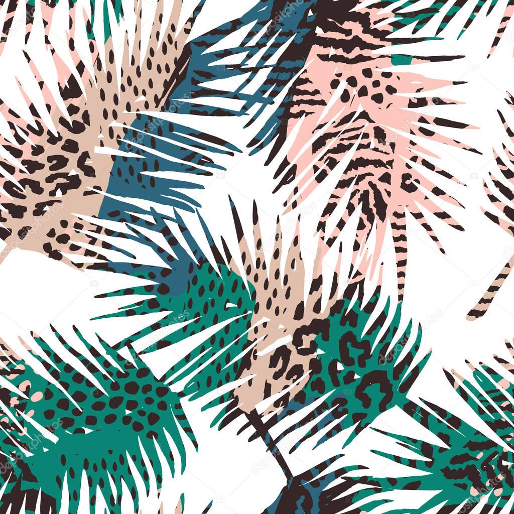 Trendy seamless exotic pattern with palm, animal print and hand drawn textures.