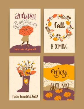 Sonbahar şablonları kümesi. Kartı, poster, afiş, web ve diğer kullanıcılar için vektör tasarımı.
