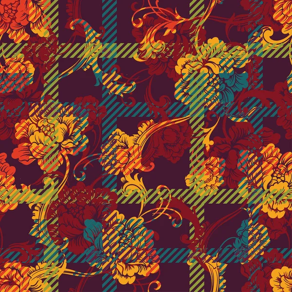 Tissu éclectique plaid motif sans couture avec ornement baroque . — Image vectorielle