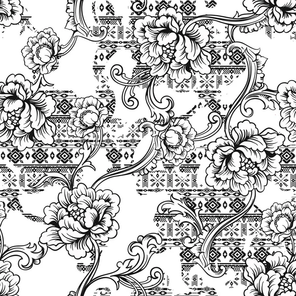 Eklektischen Stoff nahtlose Muster. Ethnischer Hintergrund mit barocken Ornamenten. — Stockvektor