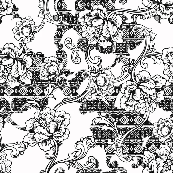 Eclectic fabric seamless pattern. Ethnic background with baroque ornament. — Stock Vector