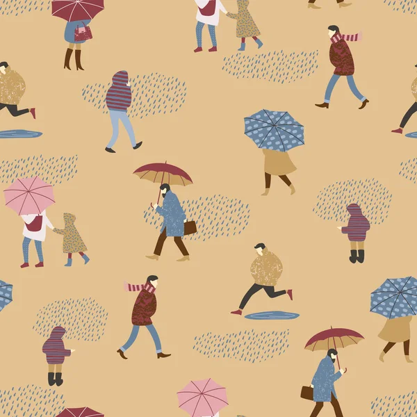 Vector illustration of people in the rain. Autumn mood.