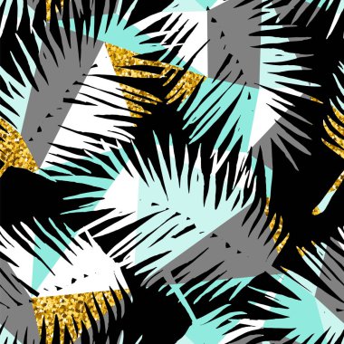 Tropik bitkiler ve geometrik arka plan ile Seamless egzotik modeli.