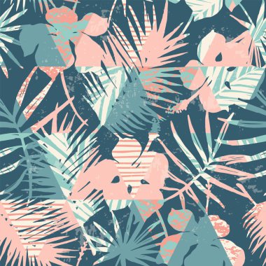 Tropik bitkiler ve geometrik arka plan ile Seamless egzotik modeli.