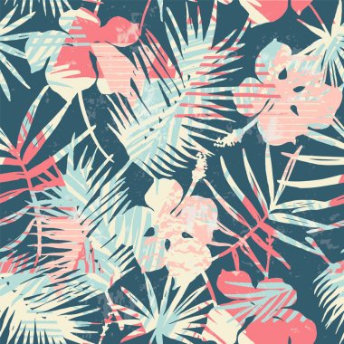 Tropik bitkiler ve geometrik arka plan ile Seamless egzotik modeli.