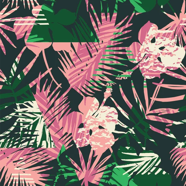 熱帯植物と幾何学的な背景とのシームレスなエキゾチックなパターン. — ストックベクタ