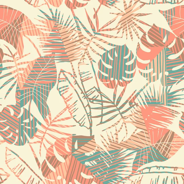 Exotický vzor bezešvé s tropickými rostlinami a geometrické pozadí. — Stockový vektor