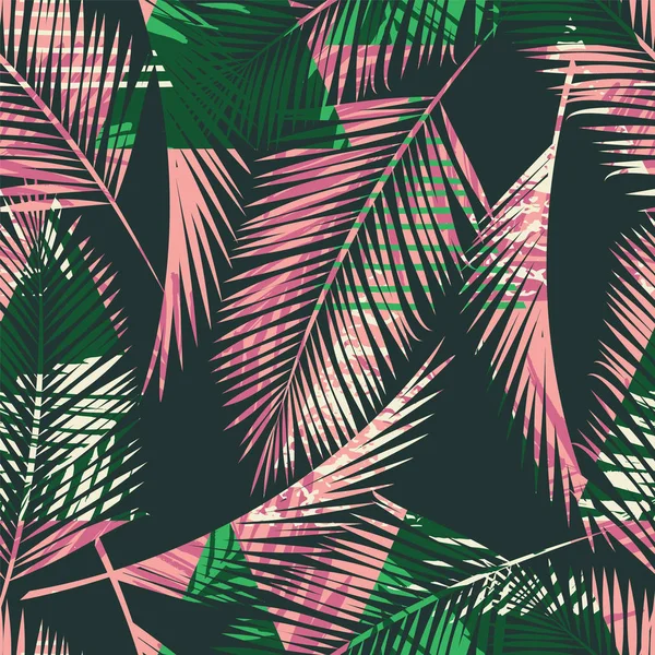 Nahtlose exotische Muster mit tropischen Pflanzen und geometrischem Hintergrund. — Stockvektor