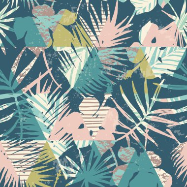 Tropik bitkiler ve geometrik arka plan ile Seamless egzotik modeli.