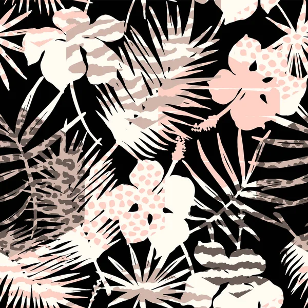 Abstracte naadloze patroon met dierlijke print, tropische planten en geometrische vormen. — Stockvector