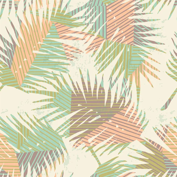 Seamless exotic pattern with tropical plants and geometric background. — Stock Vector