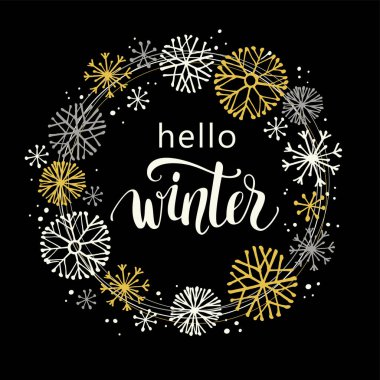 Tasarım el çekilmiş kar tanesi çerçeve kar zemin üzerine yazı kış.